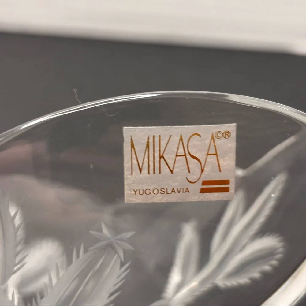 Vtg Mikasa Triangular Crystal Clear Glass Bowl with Etched Cactus Cacti RARE